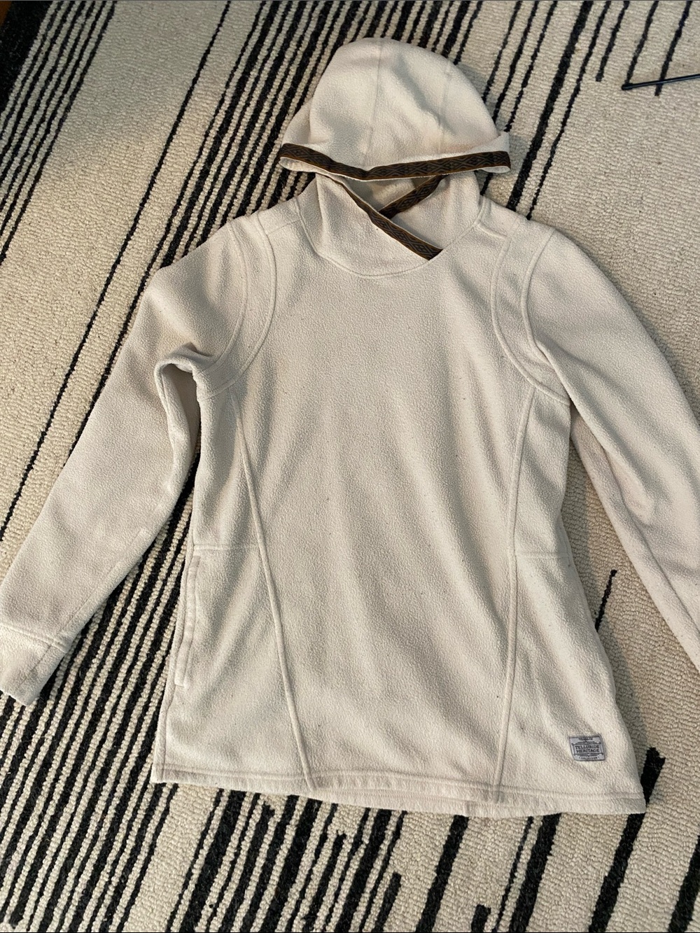 Cream Fleece Hooded Pullover with Contrast Trim